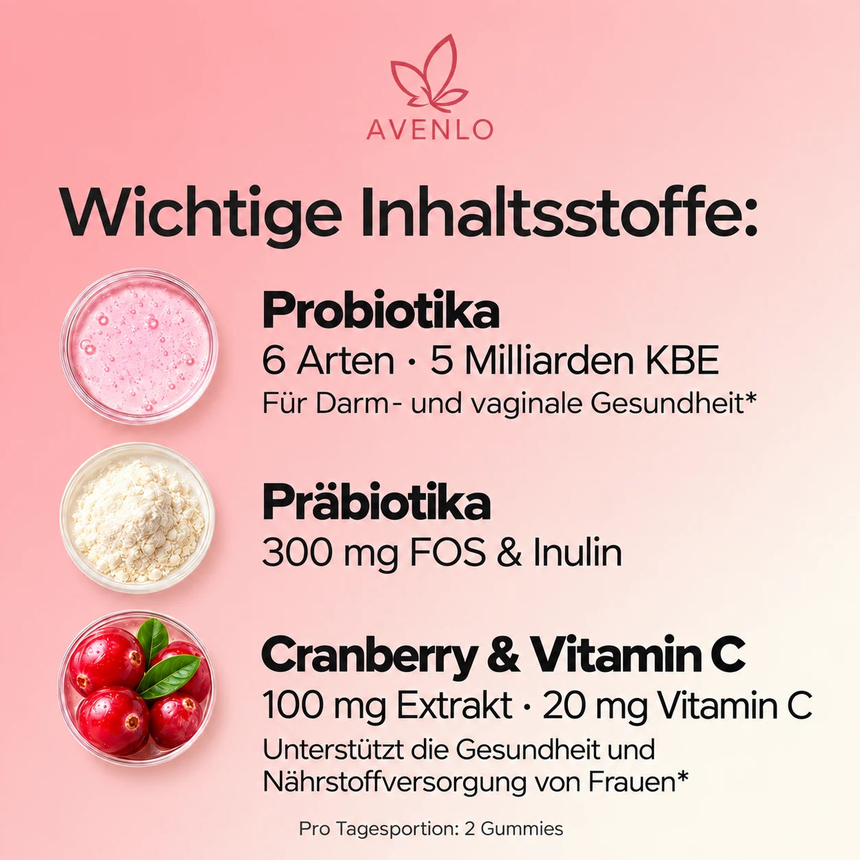 Sechs Bakterienarten, FOS und Inulin sowie Cranberry mit Vitamin C
