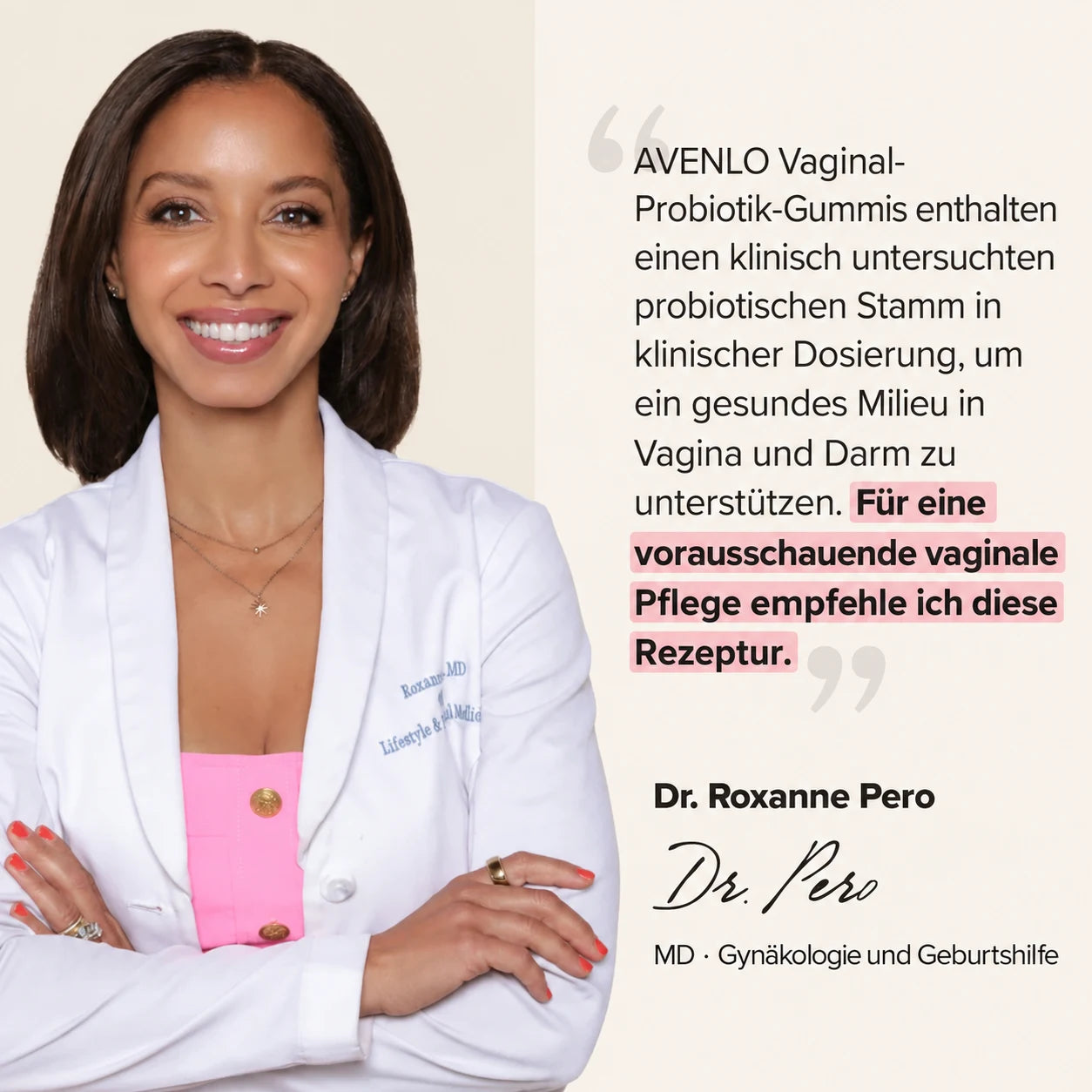 Dr. Roxanne Pero über AVENLO Vaginal-Probiotik-Gummis – vollständige deutsche Übersetzung